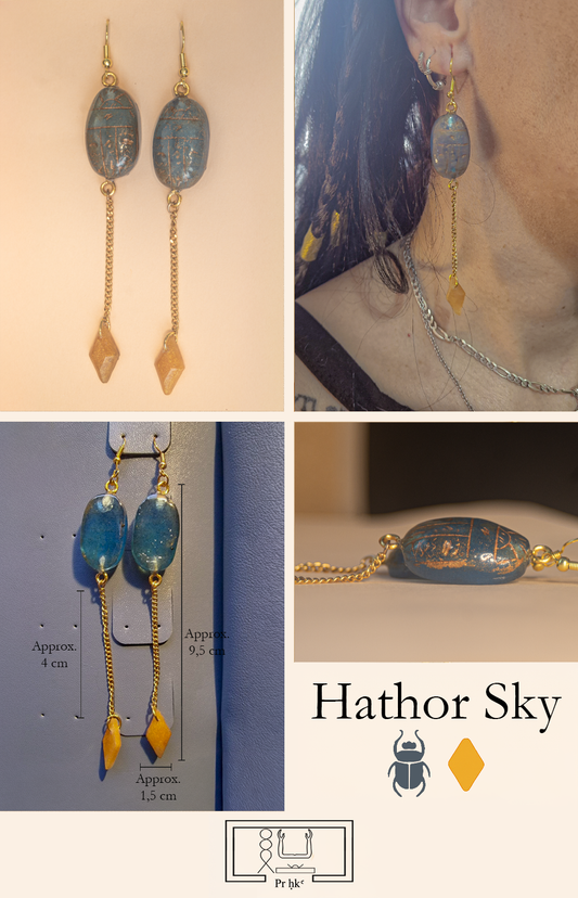 Hathor Sky - Scarab earrings in blue resin with golden highlights