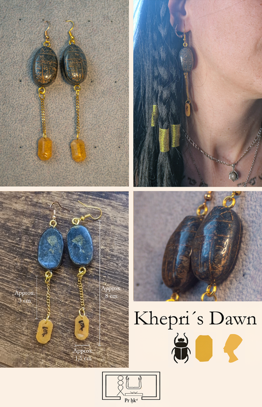 Khepri Dawn - Scarab earrings in black resin with golden highlights